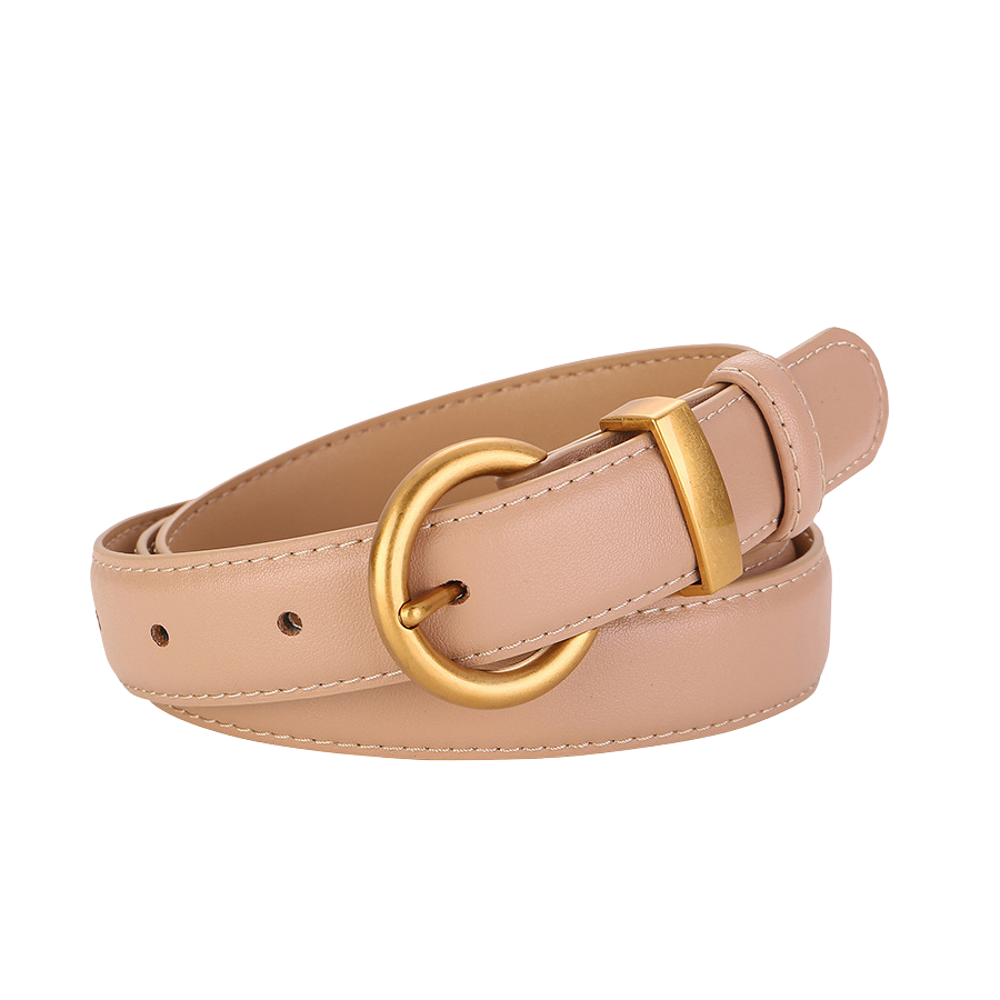 Ceinture femme Douceâtre en cuir beige avec boucle ardillon dorée arrondie et passant rectangulaire.