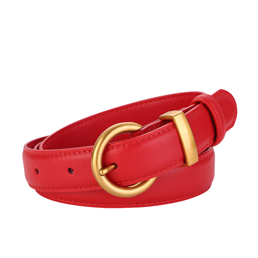 Ceinture Douceâtre rouge en cuir de vachette avec boucle ardillon dorée et arrondie. Lanière fine de 2,3 cm et longueur de 100 cm.
