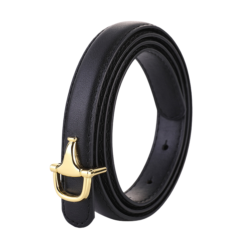 Ceinture fine noire en cuir pleine fleur pour femme, avec une boucle dorée en forme de mors inversé.
