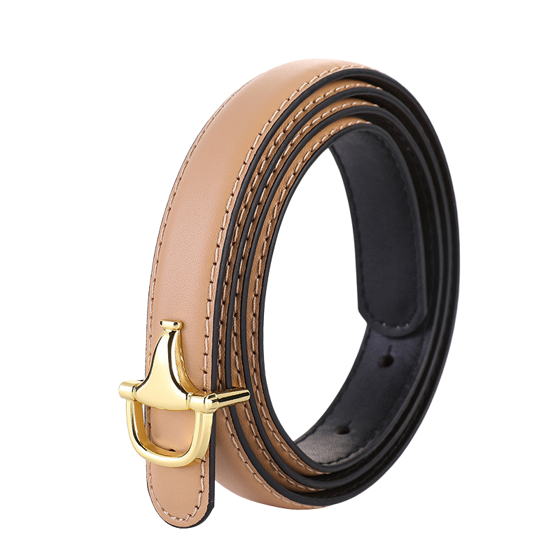Ceinture fine pour femme Douceur en cuir beige avec boucle dorée mors en T inversé
