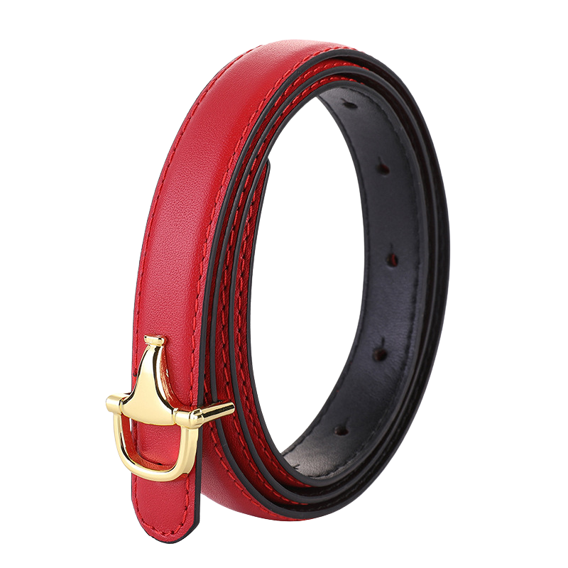 Ceinture fine rouge pour femme, modèle Douceur, en cuir pleine fleur avec finition daim lisse, boucle dorée mors en T inversé.