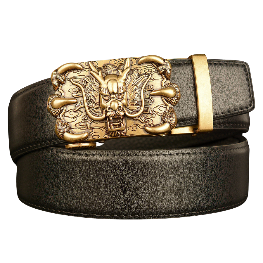 Ceinture homme Draco Shine en cuir noir avec boucle automatique dorée ornée d'un dragon en relief #fullwidth
