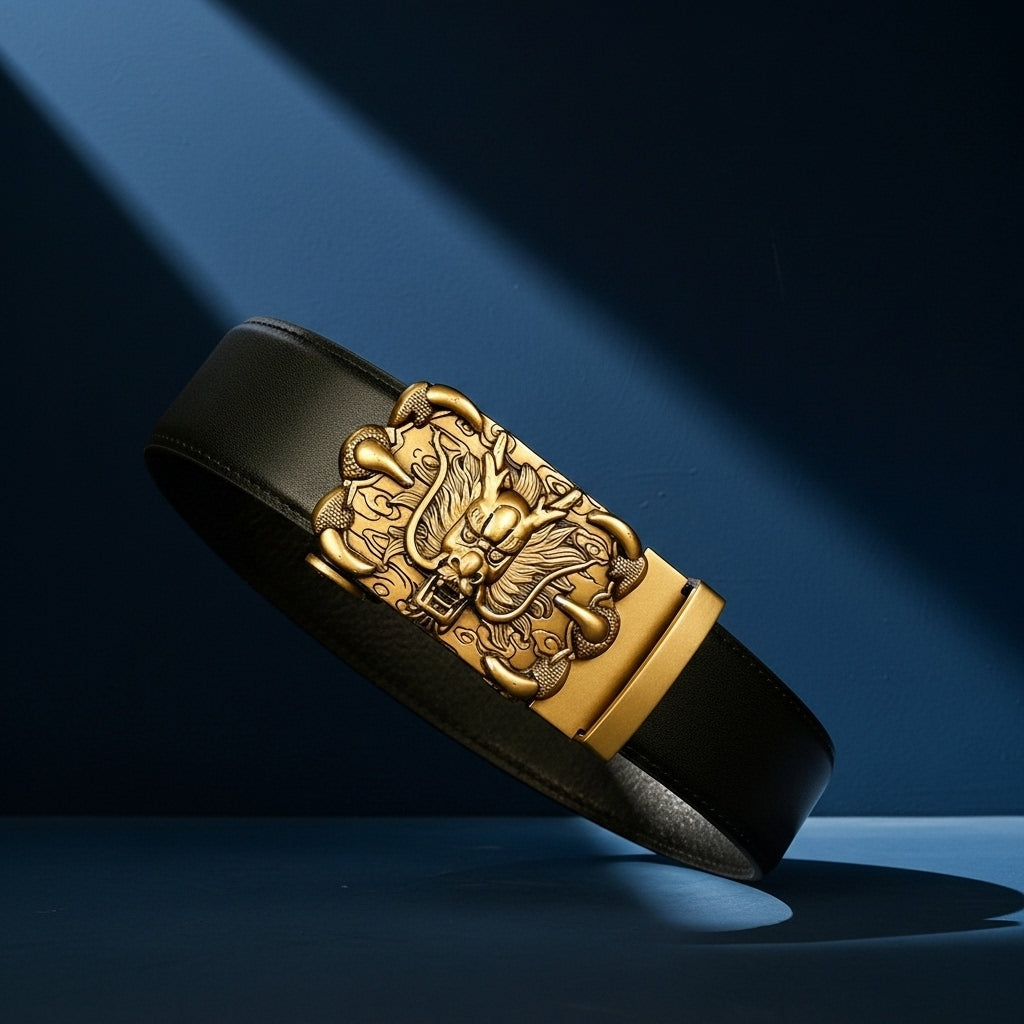 Ceinture pour homme Draco Shine en cuir noir avec boucle automatique dorée ornée d'un dragon en relief #fullwidth