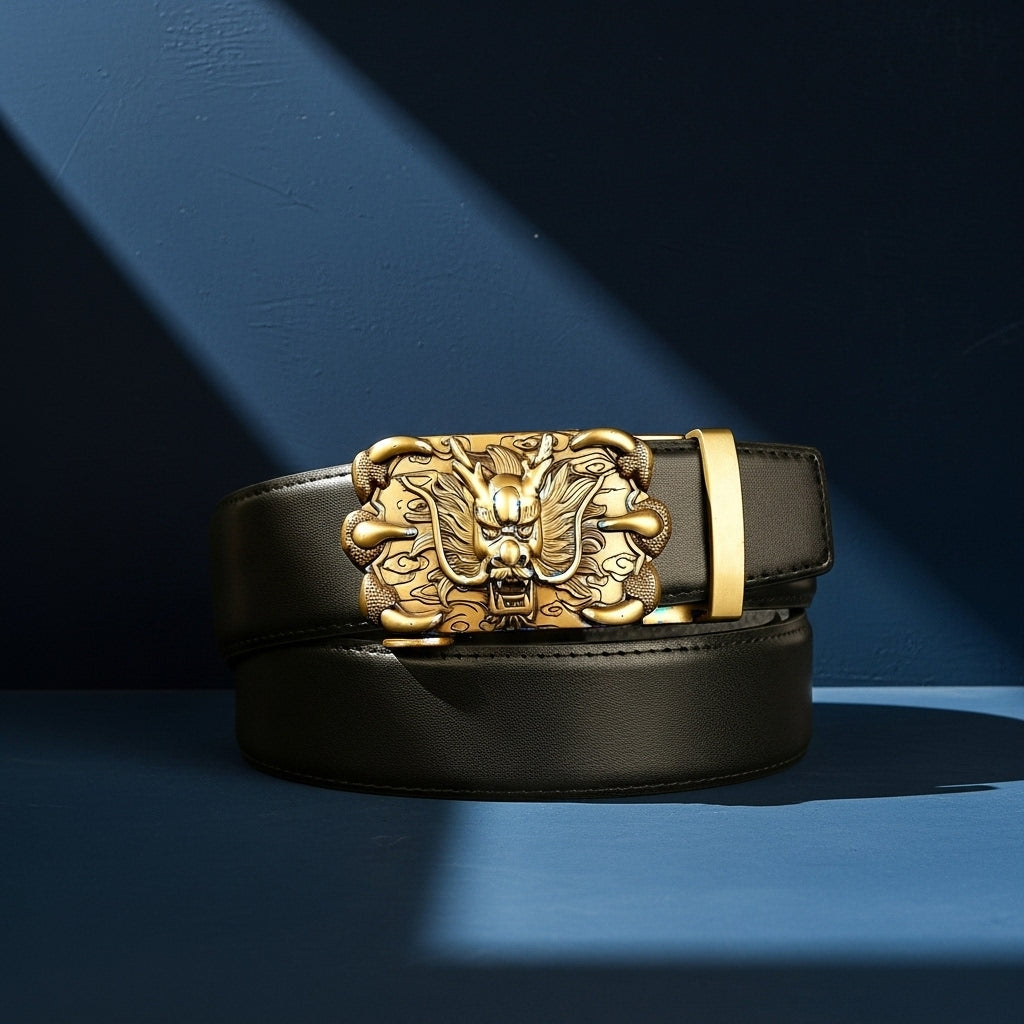 Ceinture Draco Shine en cuir noir lisse avec boucle rectangulaire automatique dorée ornée d'un dragon en relief #fullwidth