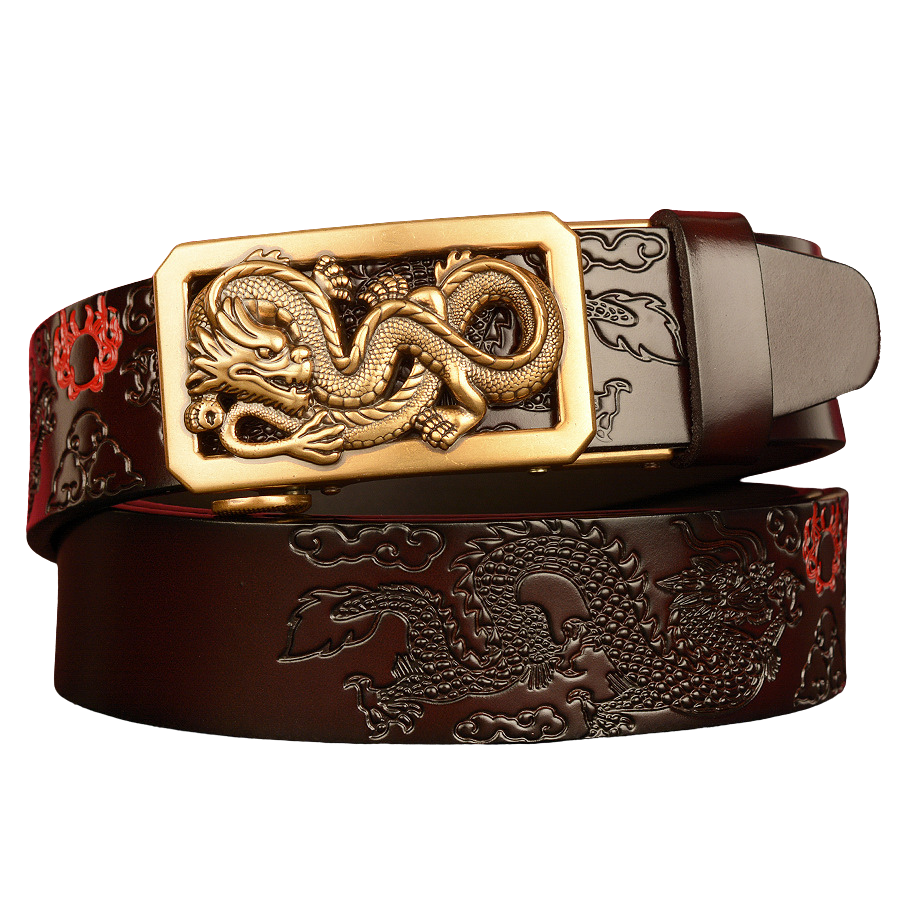 Ceinture en cuir marron foncé pour homme, avec boucle automatique dorée sculptée d'un dragon et motif de dragon gravé sur la lanière. #fullwidth