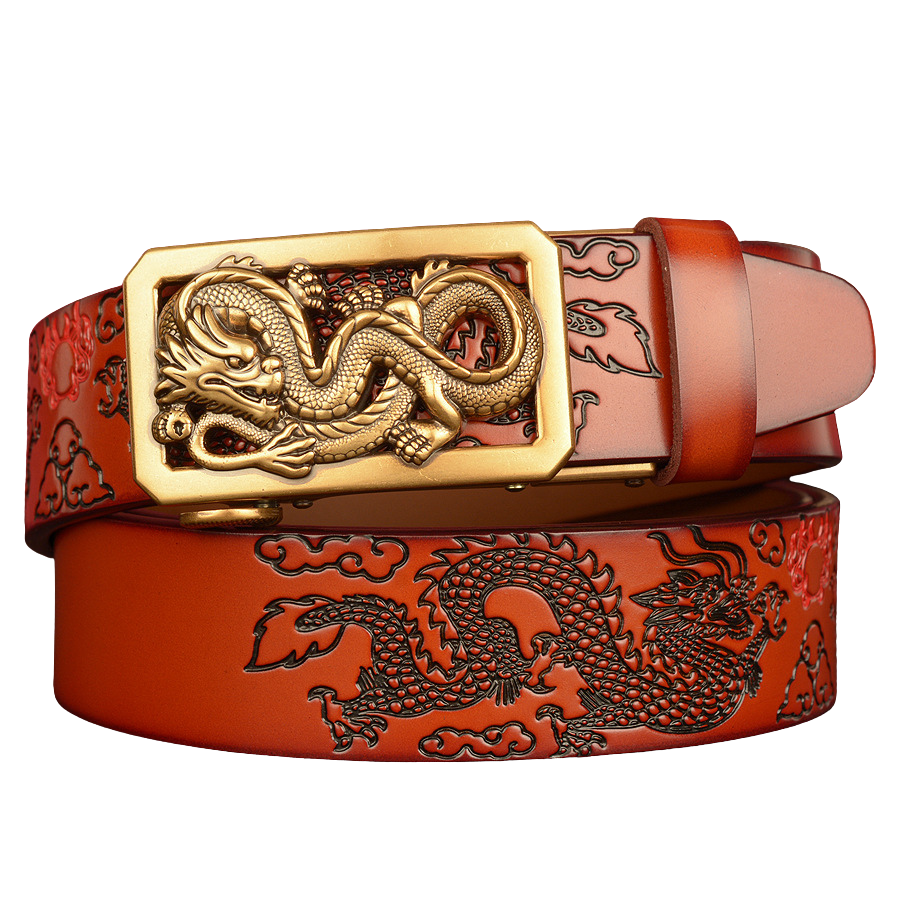 Ceinture Dragon d’Orient rouge en cuir avec boucle dorée ornée d'un dragon sculpté et motif dragon gravé sur le cuir.