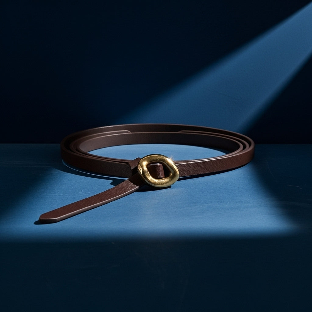 Ceinture fine en cuir marron Éblouie avec une boucle dorée organique et texturée, sur fond bleu avec un éclairage dramatique #fullwidth