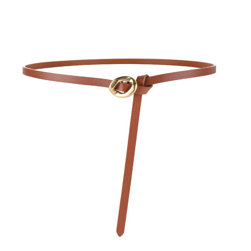 Ceinture fine Éblouie en cuir marron avec boucle dorée organique et système de nouage sans trou