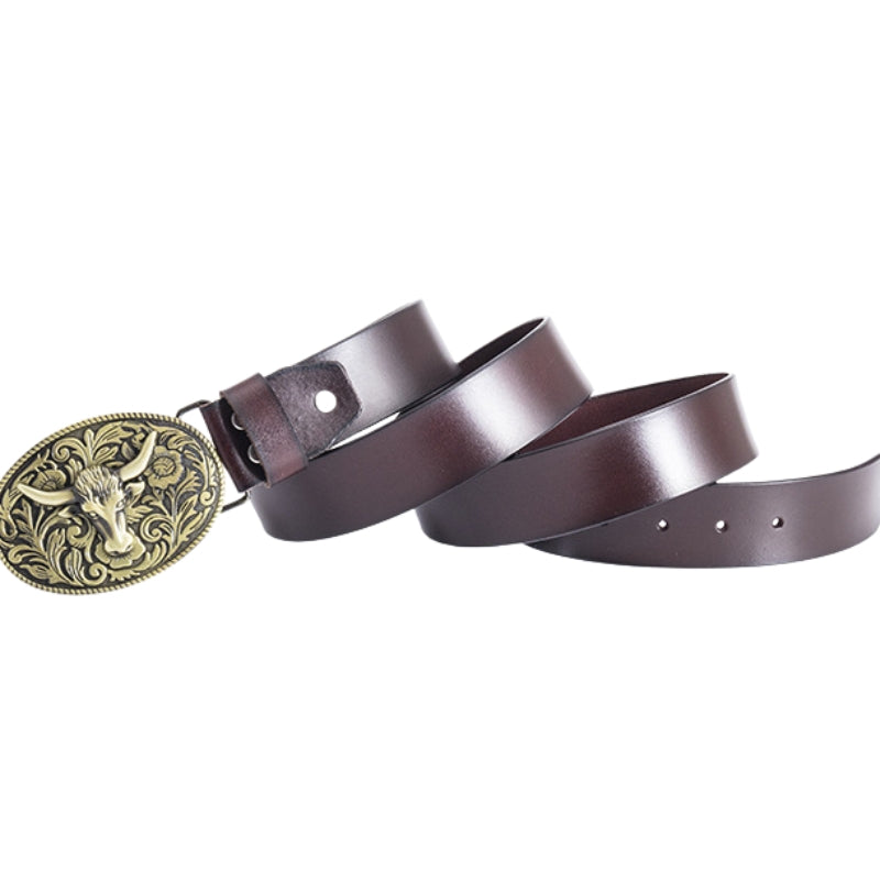 Ceinture Edith en cuir marron avec boucle ovale western ornée d'une tête de taureau dorée et d'un motif floral argenté.