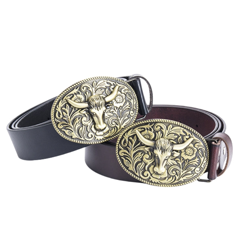 Ceinture Edith pour homme avec boucle ovale ornée d'une tête de taureau dorée et de motifs floraux argentés, disponible en noir et café.
