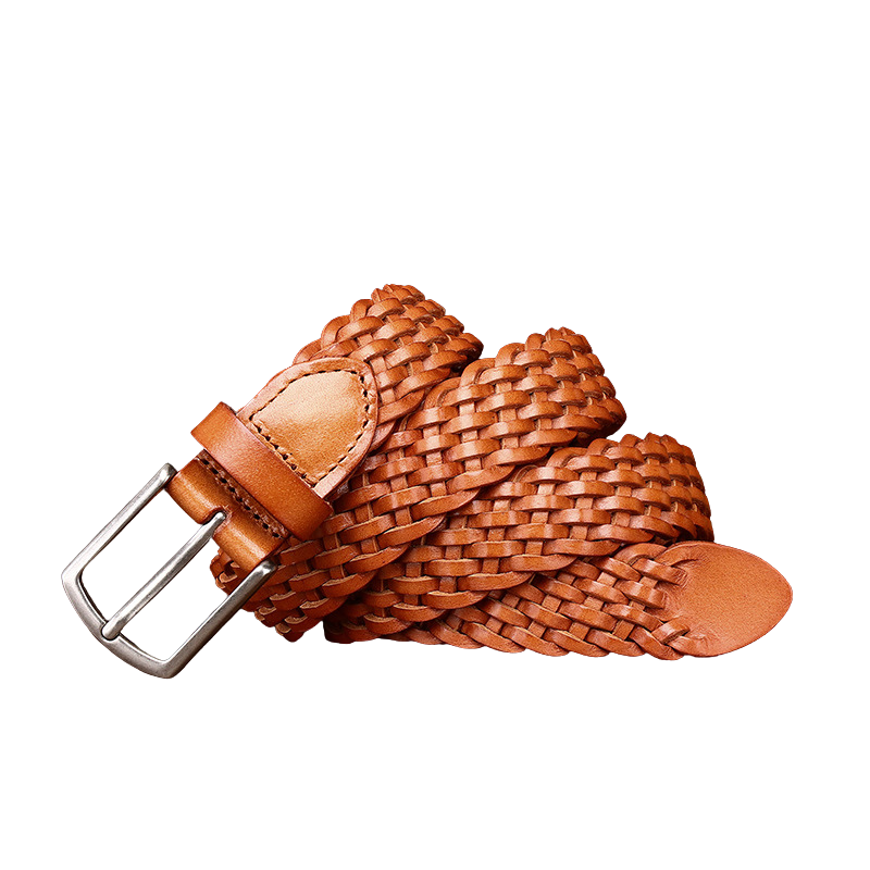 Ceinture tressée homme Edmond en cuir de vachette pleine fleur couleur chameau, boucle ardillon argentée.