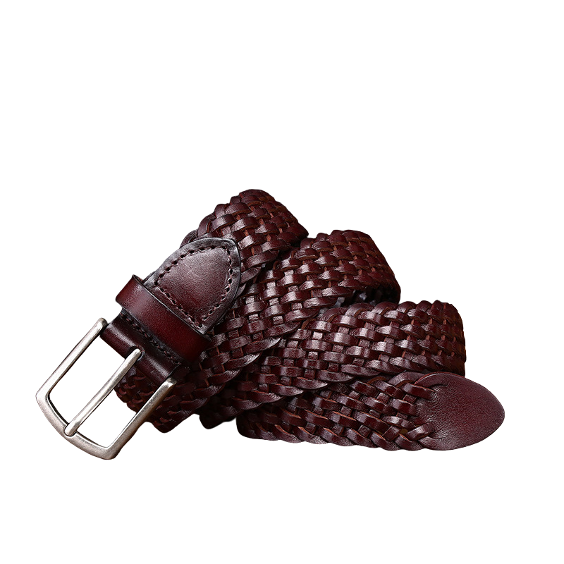 Ceinture homme Edmond en cuir de vachette pleine fleur tressé main, couleur bordeaux, avec boucle ardillon argentée arrondie.