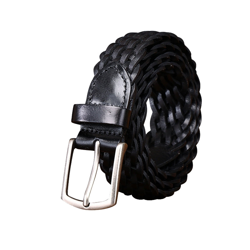 Ceinture tressée noire en cuir de vachette pleine fleur pour homme, modèle Edmond, avec boucle ardillon argentée arrondie.