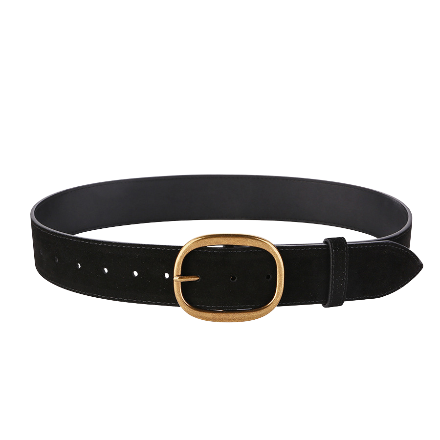 Ceinture femme Églantine en cuir de vachette noir avec finition suédé et boucle ovale dorée rétro