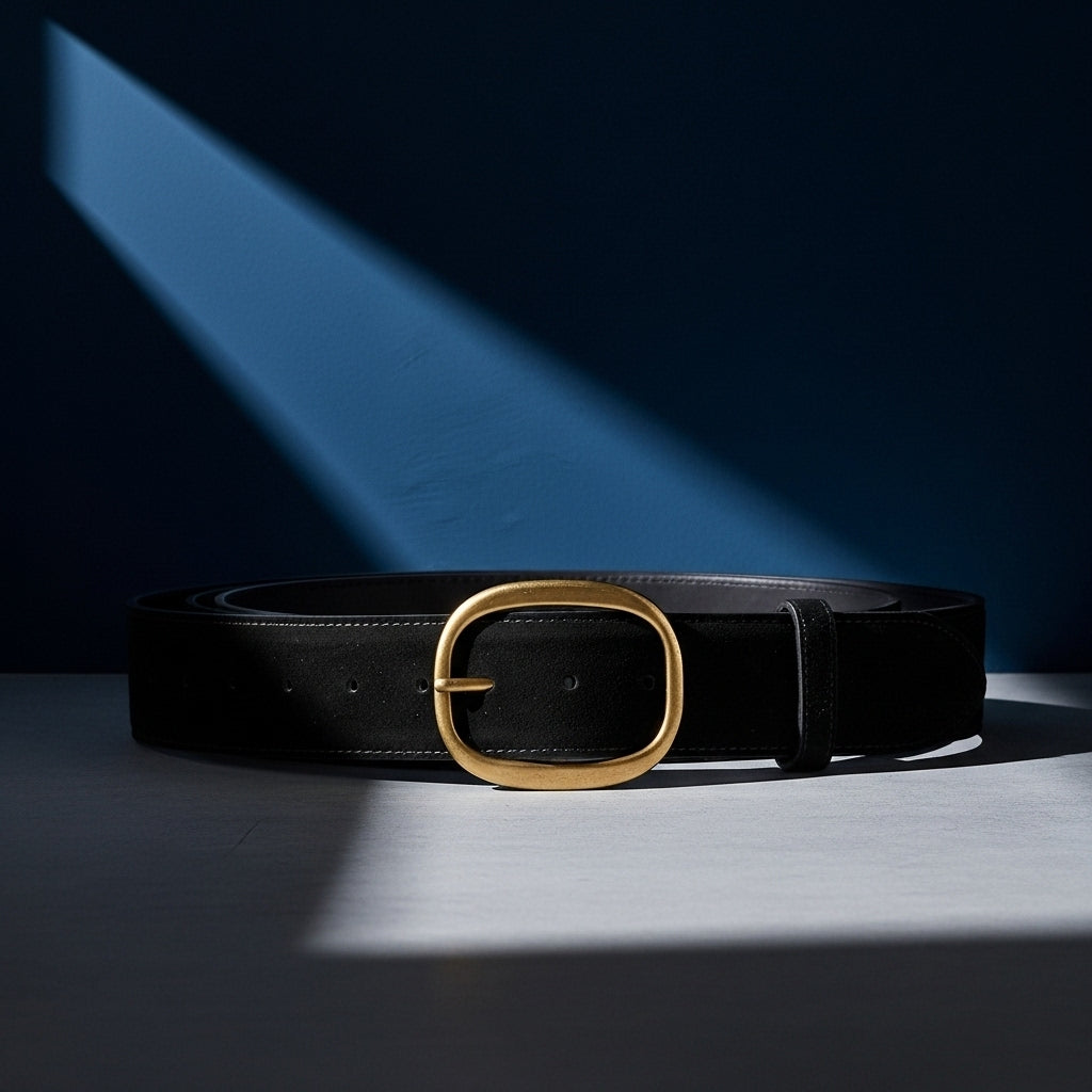 Ceinture Églantine noire en cuir suédé, large avec une boucle ovale allongée dorée et un effet velouté. #fullwidth