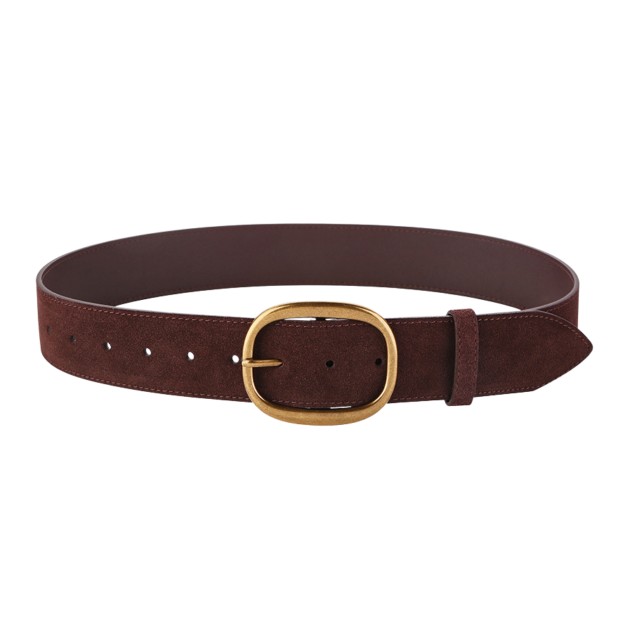 Ceinture femme Églantine en cuir de vachette marron aspect suédé, avec boucle ardillon ovale rétro dorée.