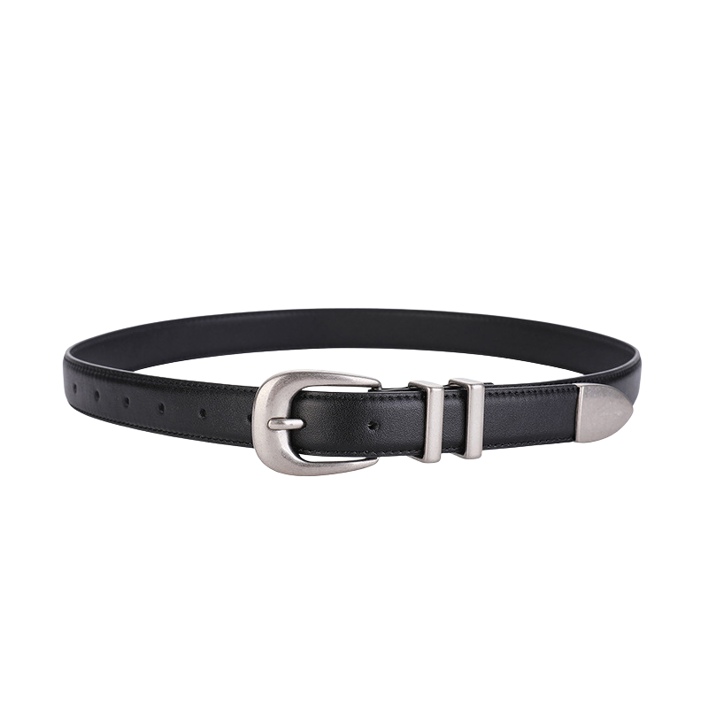 Ceinture noire Élégance pour femme en cuir refendu avec boucle ardillon argentée vieillie et deux passants métalliques.
