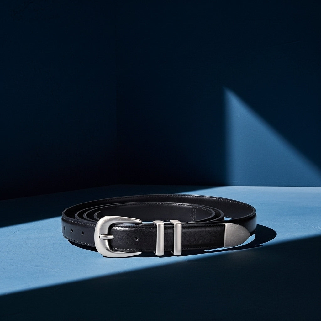 Ceinture Élégance noire en cuir refendu de vachette pour femme, avec boucle ardillon argentée vieillie et passants métalliques. #fullwidth