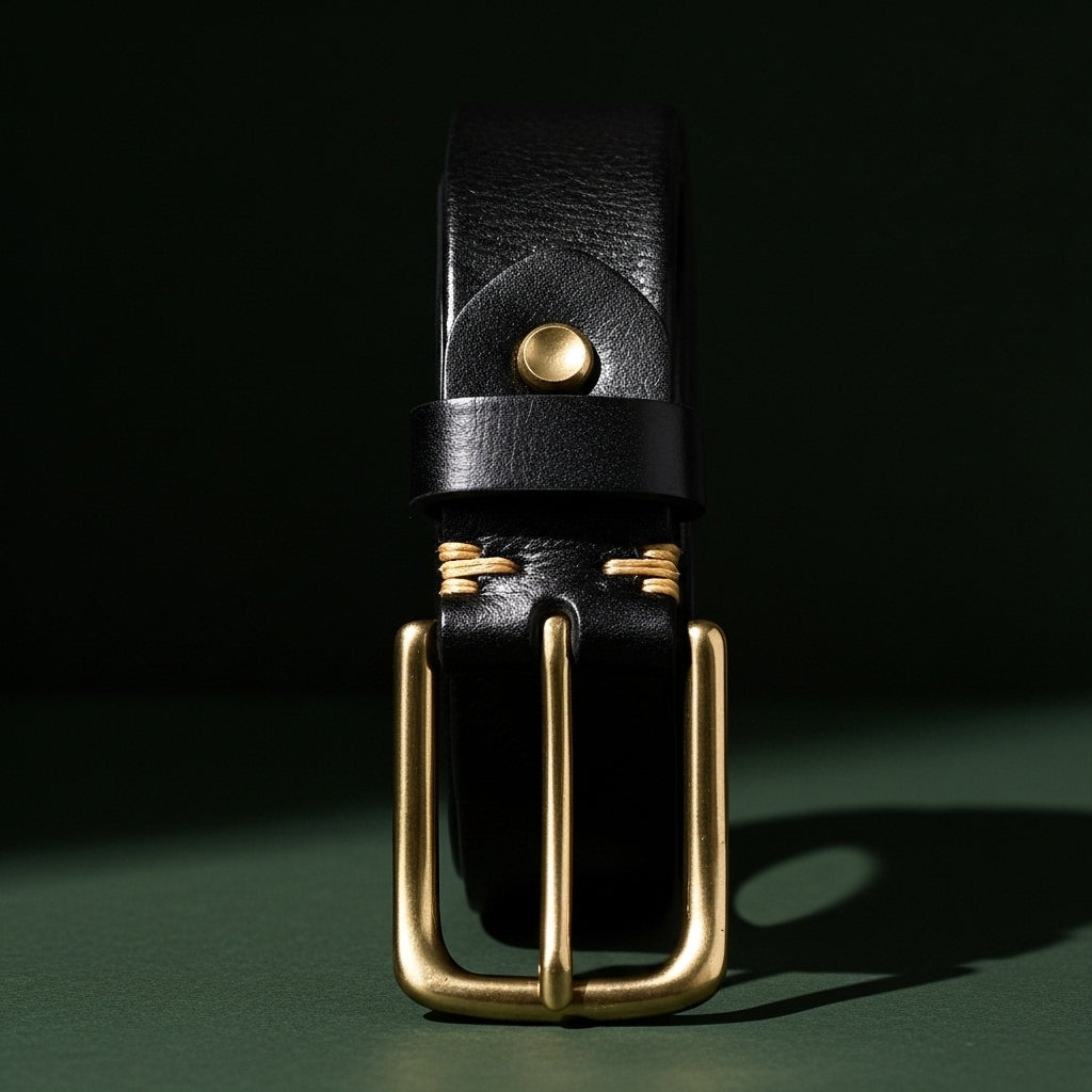Ceinture Élégance Cuir noire pour homme avec boucle ardillon arrondie en cuivre doré et surpiqûres contrastées #fullwidth