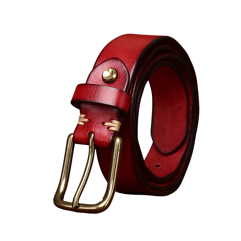 Ceinture Élégance Cuir rouge pour femme, en cuir de vachette pleine fleur avec boucle ardillon arrondie en cuivre doré et coutures contrastées, lanière fine 2,7 cm #fullwidth