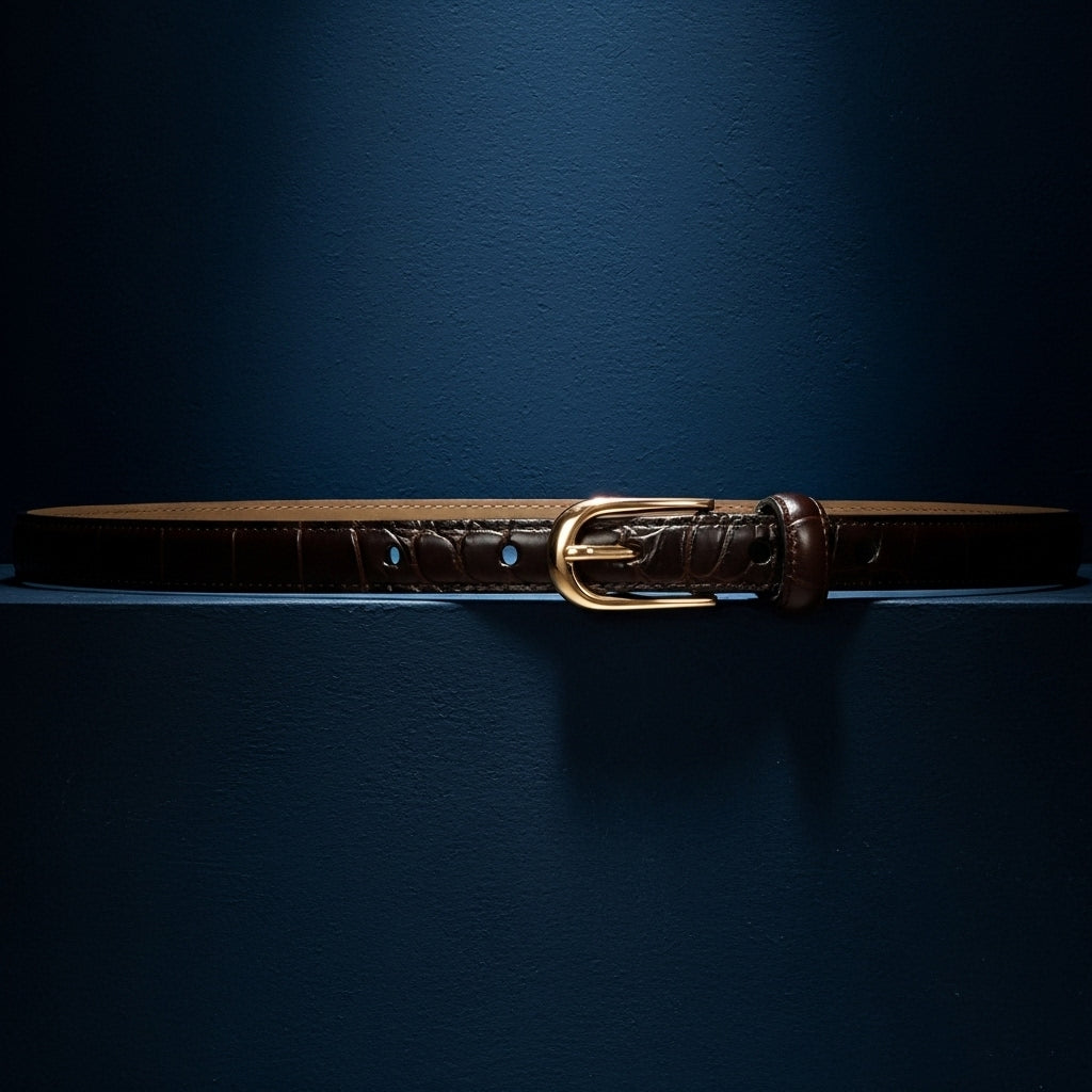 Ceinture fine "Élégante" pour femme en cuir marron avec texture crocodile et boucle ardillon dorée. #fullwidth