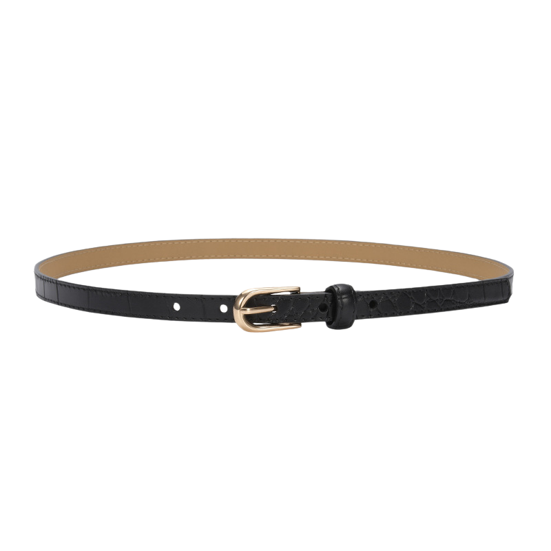 Ceinture fine noire pour femme "Élégante" en cuir refendu avec texture crocodile et boucle ardillon dorée ardillon