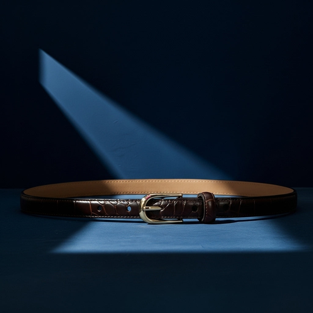 Ceinture fine marron en cuir avec texture crocodile et boucle ardillon dorée, modèle Élégante. #fullwidth
