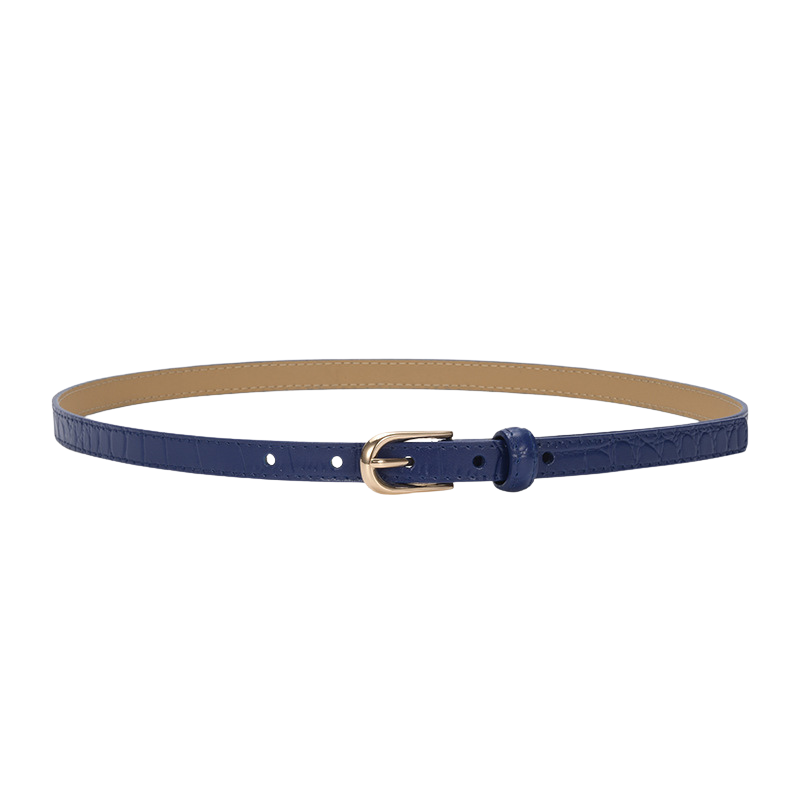 Ceinture fine pour femme Élégante en cuir bleu marine avec texture crocodile et boucle ardillon dorée