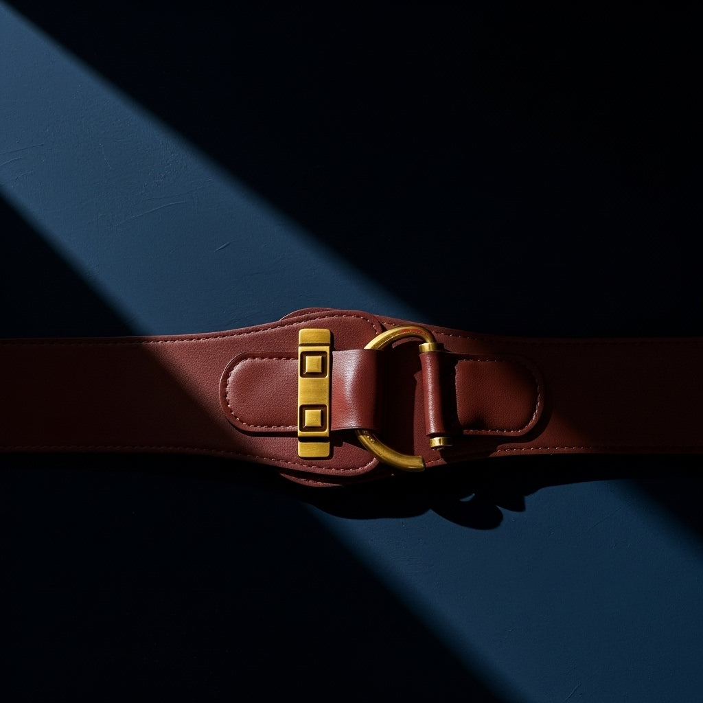 Ceinture large marron Éliana pour femme avec boucle décorative dorée en demi-cercle et détails rectangulaires, style rétro coréen, parfaite pour cintrer robes et manteaux. #fullwidth