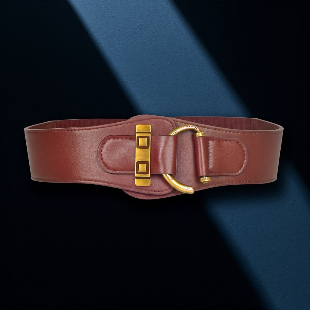 Ceinture large Éliana en cuir marron avec boucle décorative dorée et bande élastique arrière, style rétro coréen. #fullwidth