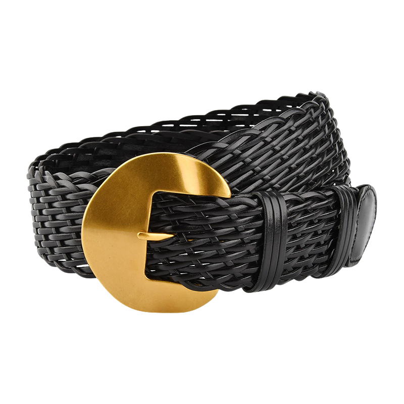 Ceinture noire tressée Éliane pour femme avec une large boucle dorée mate en alliage. Parfaite pour marquer la taille avec style bohème chic.