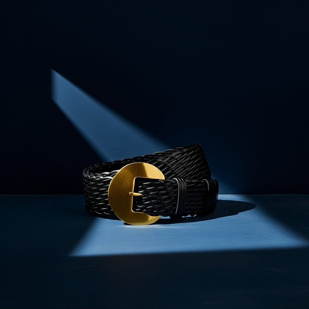 Ceinture Éliane noire en simili cuir tressé main, large de plus de 4 cm, avec une boucle arrondie en alliage doré mat. #fullwidth