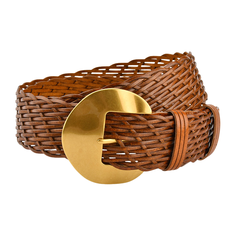 Ceinture femme Éliane en simili cuir tressé marron avec une boucle dorée mate en alliage. Largeur de plus de 4 cm.