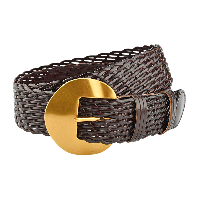 Ceinture tressée marron foncé Éliane avec boucle dorée mate en forme de C, style bohème chic.