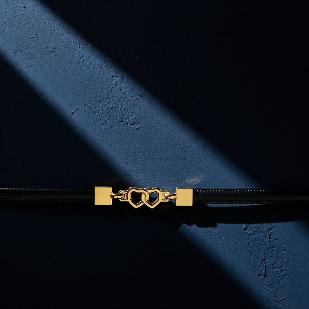 Ceinture fine pour femme Élise 1 en cuir noir avec boucle décorative dorée en forme de deux cœurs entrelacés #fullwidth