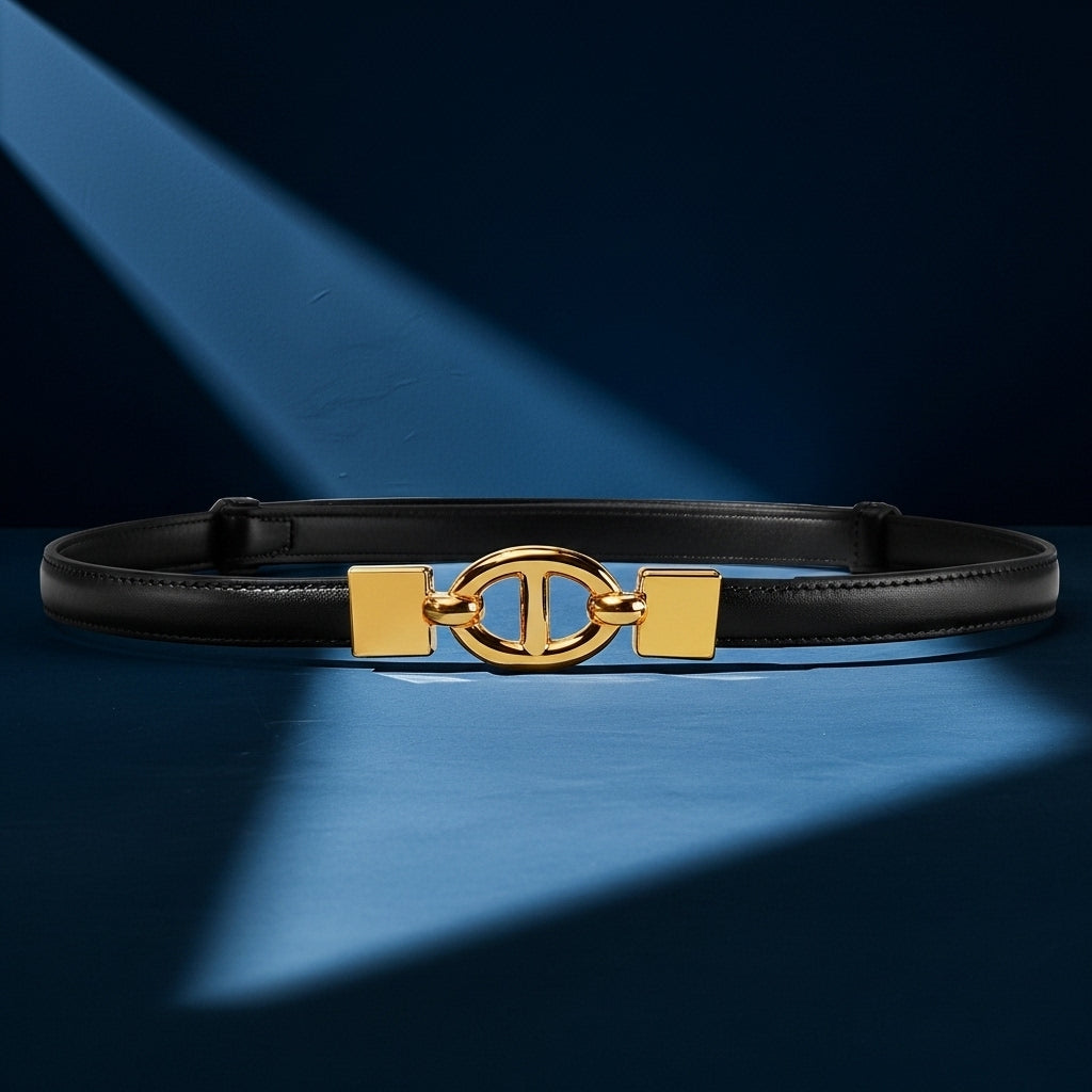 Ceinture Élise 2 pour femme, fine et élégante, en cuir noir lisse avec une boucle décorative ovale dorée. Système sans ardillon. #fullwidth