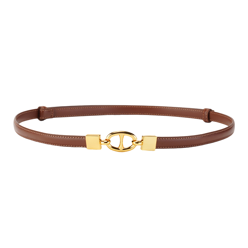 Ceinture fine marron Élise 2 pour femme en cuir lisse avec boucle ovale dorée et système à ressort caché, 1,4 cm de large.