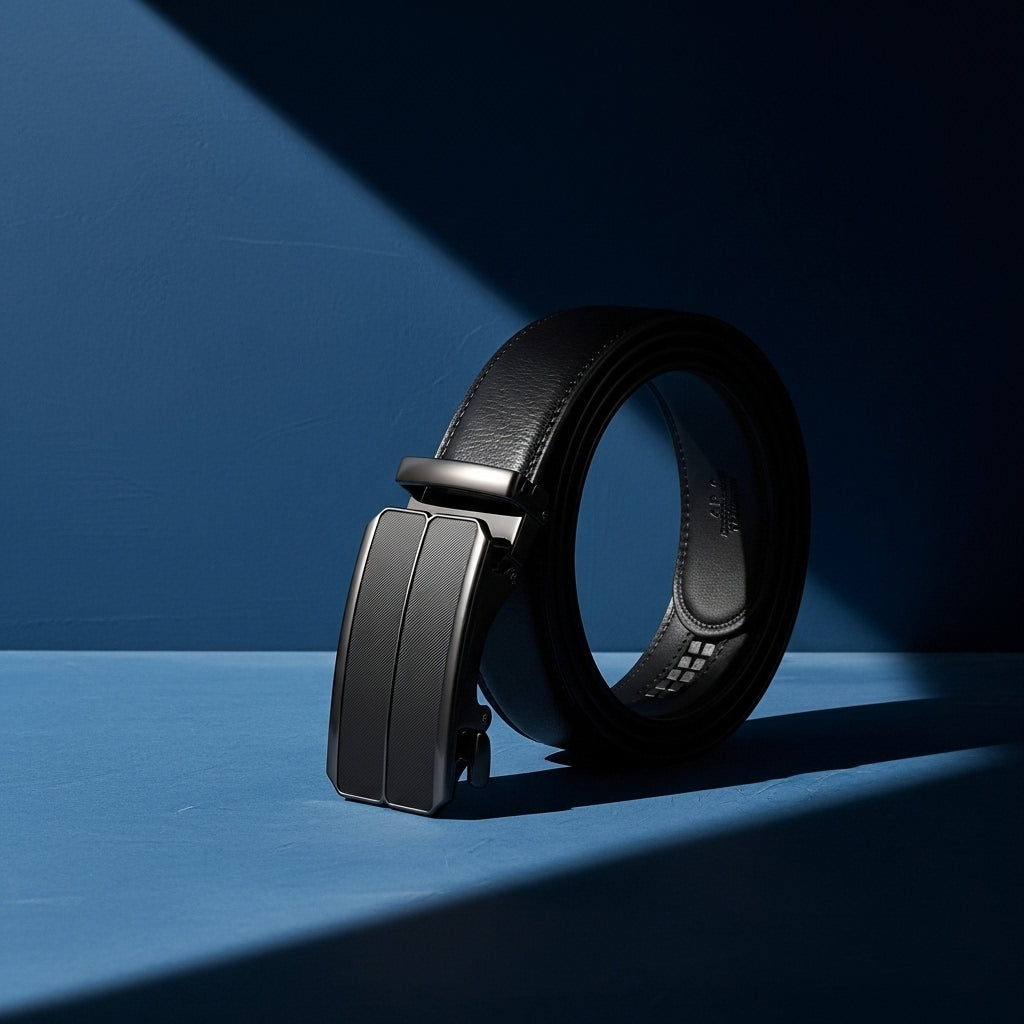 Ceinture pour homme Éloi 1 en cuir noir avec boucle automatique rectangulaire en métal anthracite, sur fond bleu avec jeu d'ombres #fullwidth