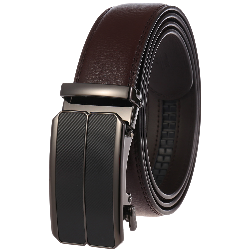 Ceinture homme Éloi 1 en cuir refendu marron foncé, avec boucle automatique rectangulaire en métal anthracite et insert texturé noir.