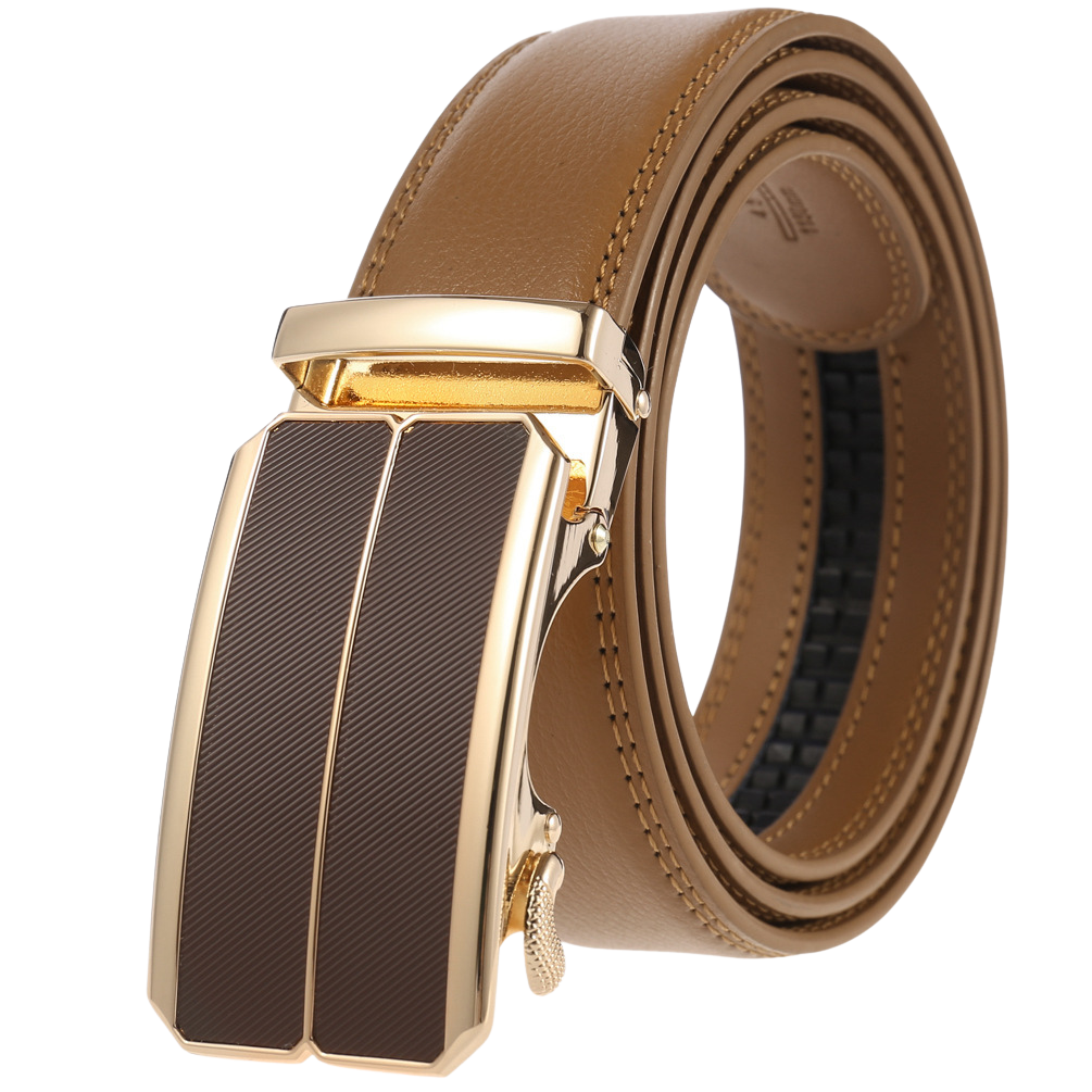 Ceinture homme Éloi 1 en cuir refendu de vachette couleur camel avec boucle automatique rectangulaire dorée et finition texturée sur la lanière.