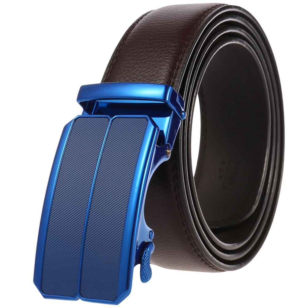 Ceinture Éloi 1 homme en cuir marron avec boucle automatique rectangulaire bleue et lanière texturée.