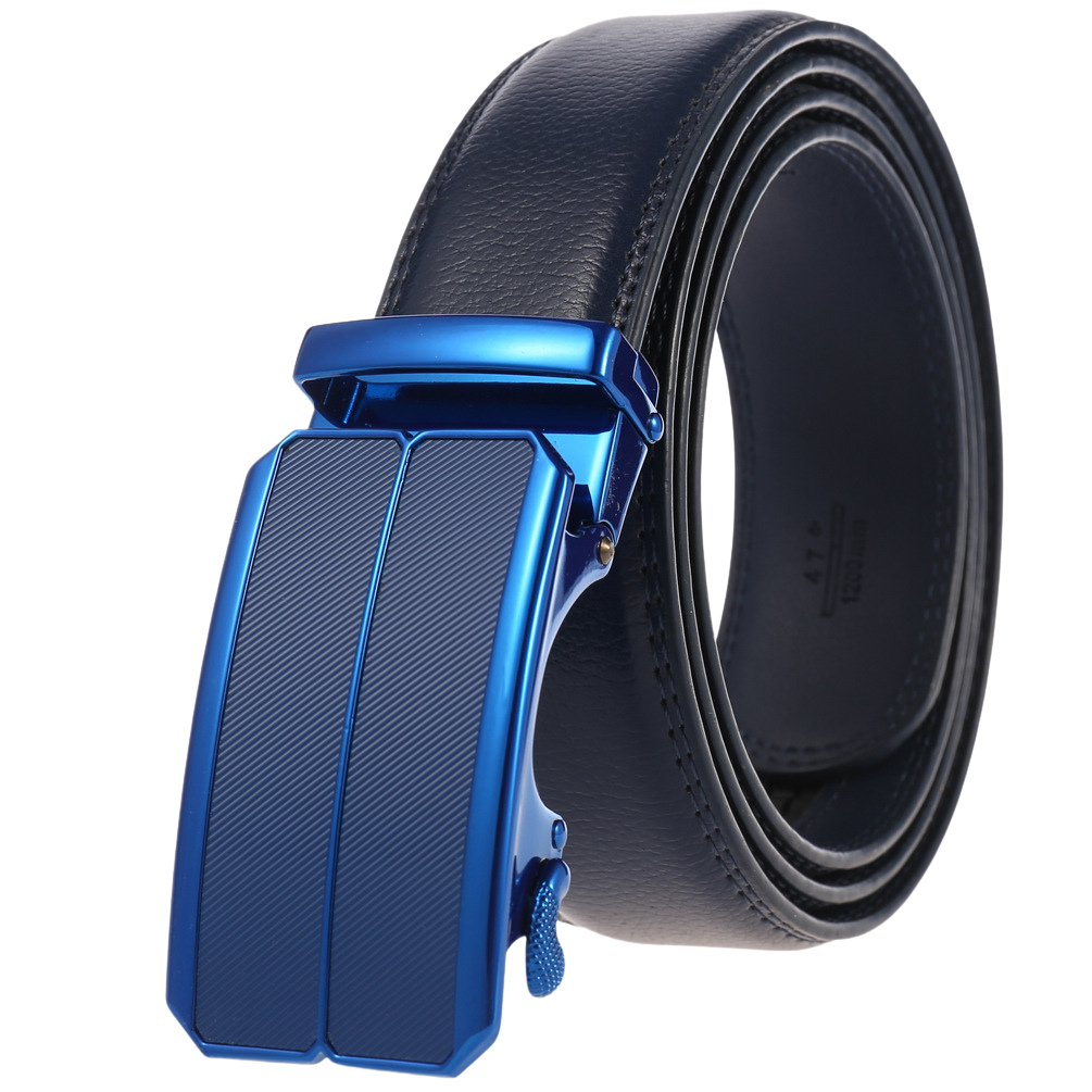 Ceinture homme Éloi 1 en cuir bleu marine avec boucle automatique rectangulaire bleu brillant et insert texturé.