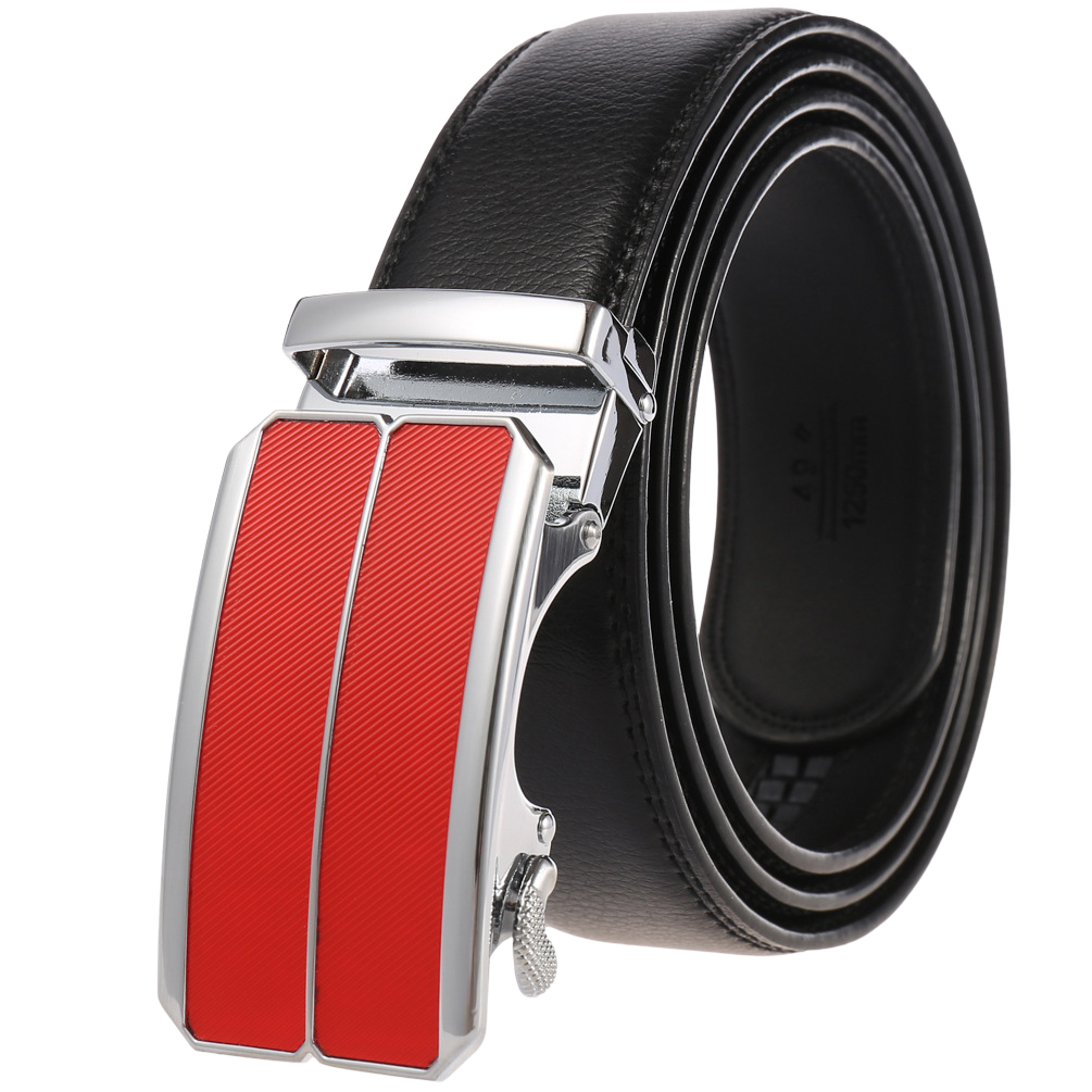 Ceinture homme Éloi 1 en cuir noir avec boucle automatique argentée et insert rouge texturé