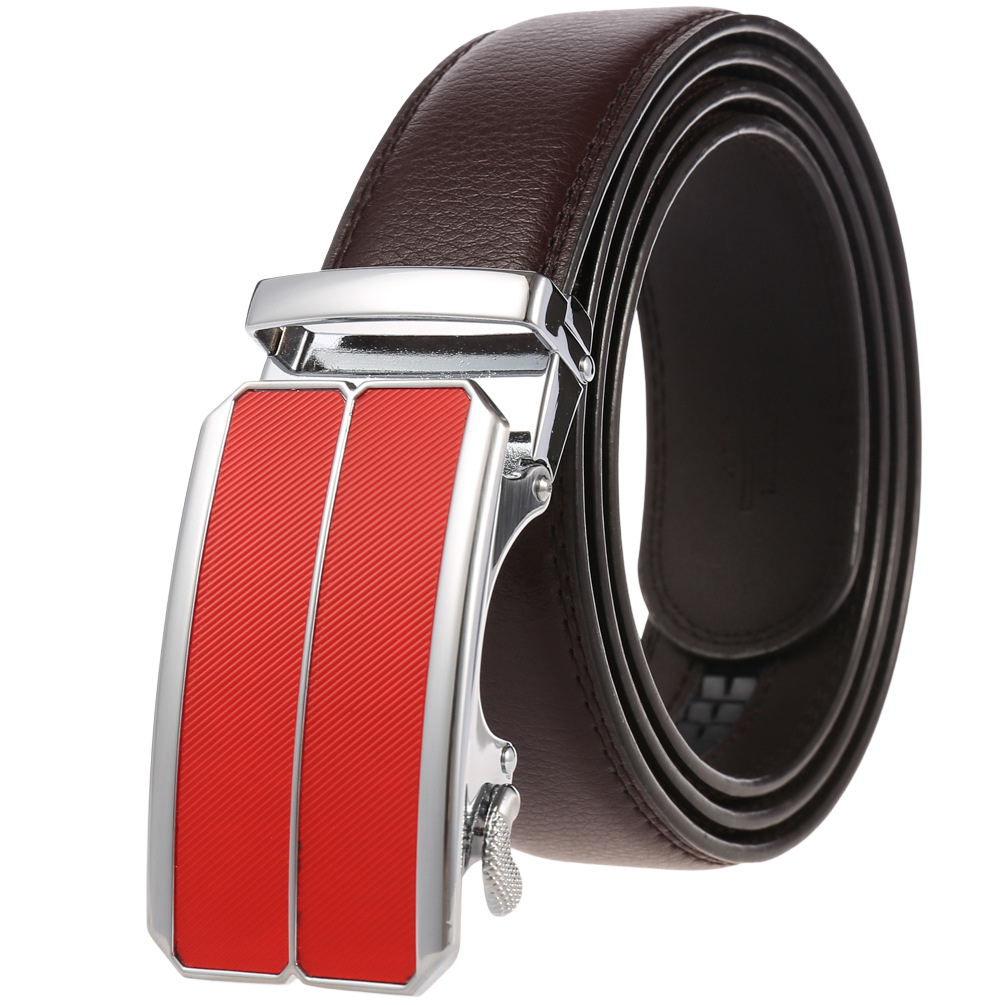 Ceinture homme Éloi 1 en cuir refendu marron, boucle automatique argentée avec inserts rouges texturés