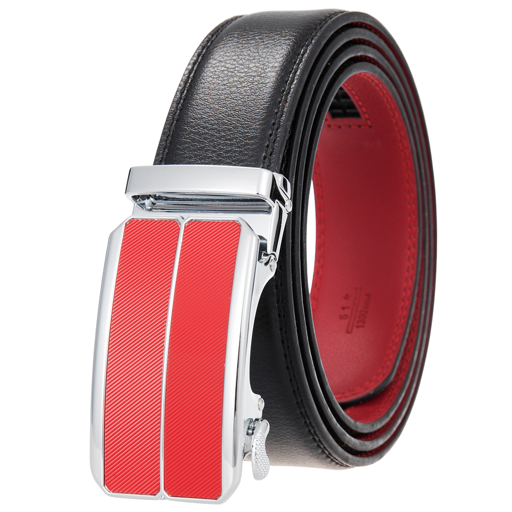 Ceinture homme Éloi 1 noire avec doublure rouge et boucle argentée ornée de deux bandes rouges striées