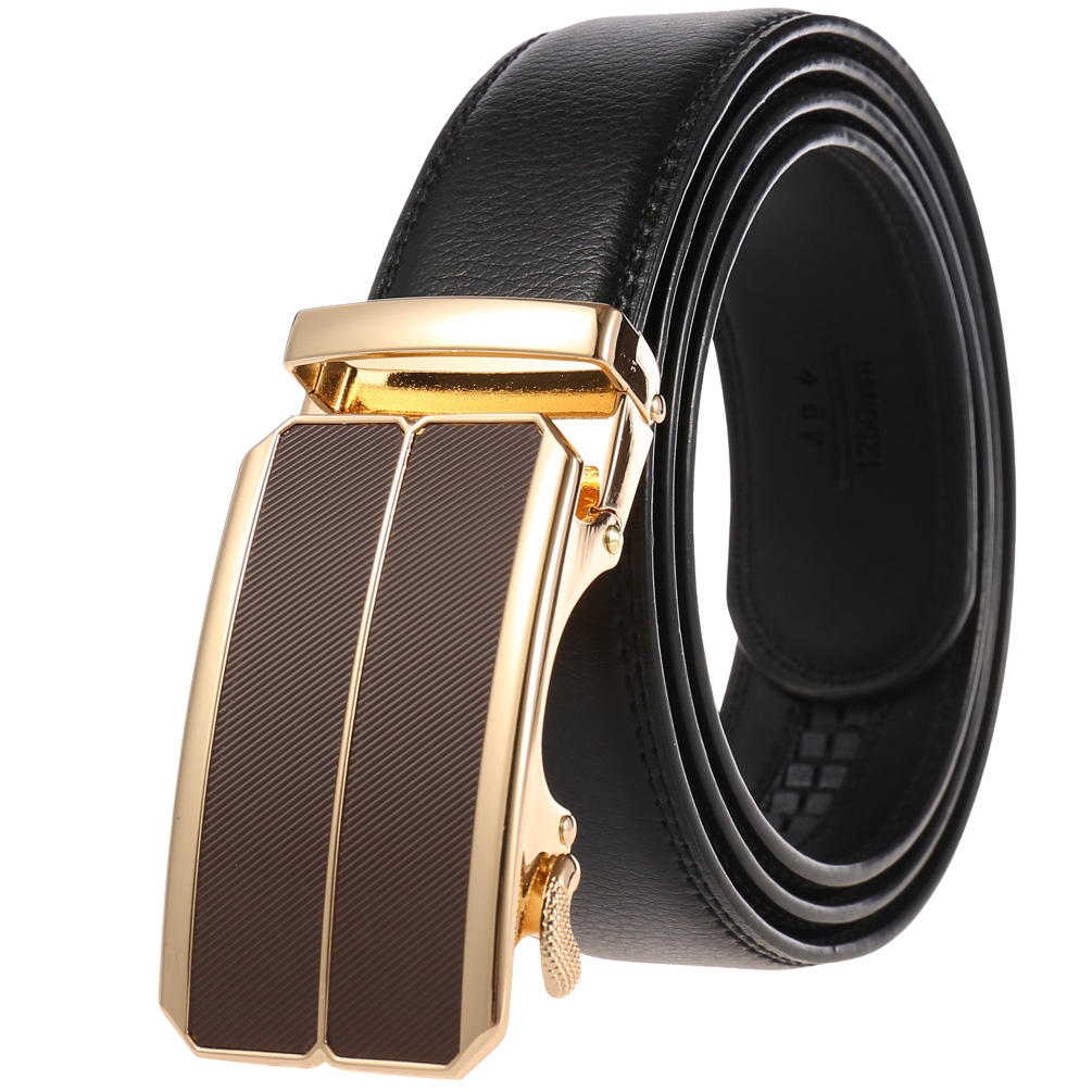 Ceinture homme Éloi 1 en cuir noir avec boucle automatique rectangulaire dorée et insert marron texturé