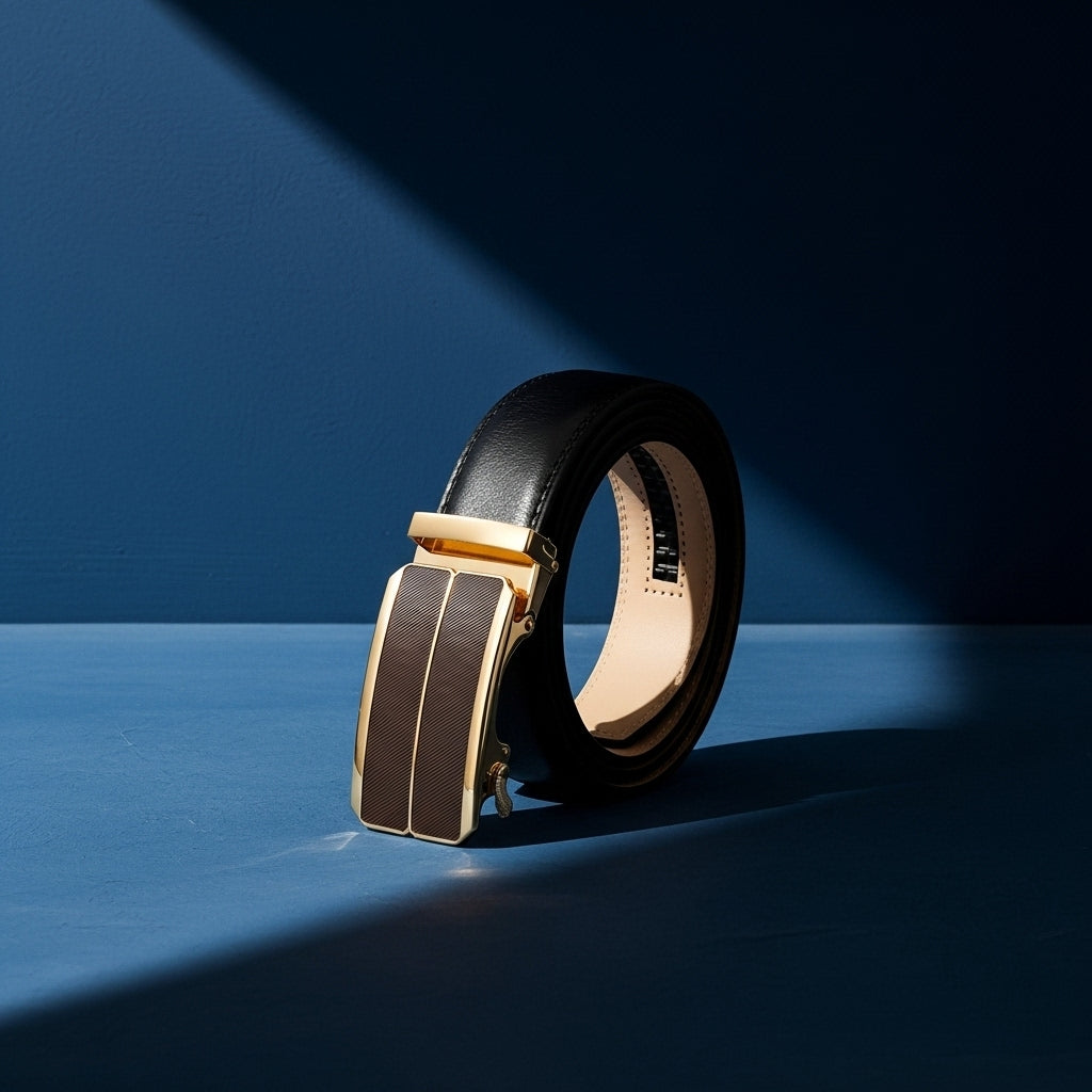Ceinture Éloi 2 noire pour homme en cuir avec boucle automatique rectangulaire dorée et détails texturés marron sur fond bleu uni #fullwidth