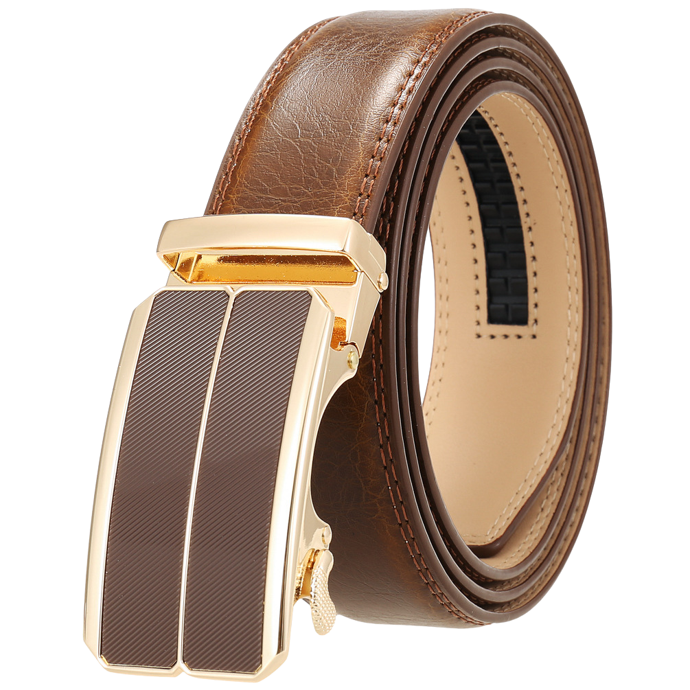 Ceinture homme Éloi 2 en cuir marron avec boucle automatique rectangulaire dorée et détails rainurés sur la lanière.