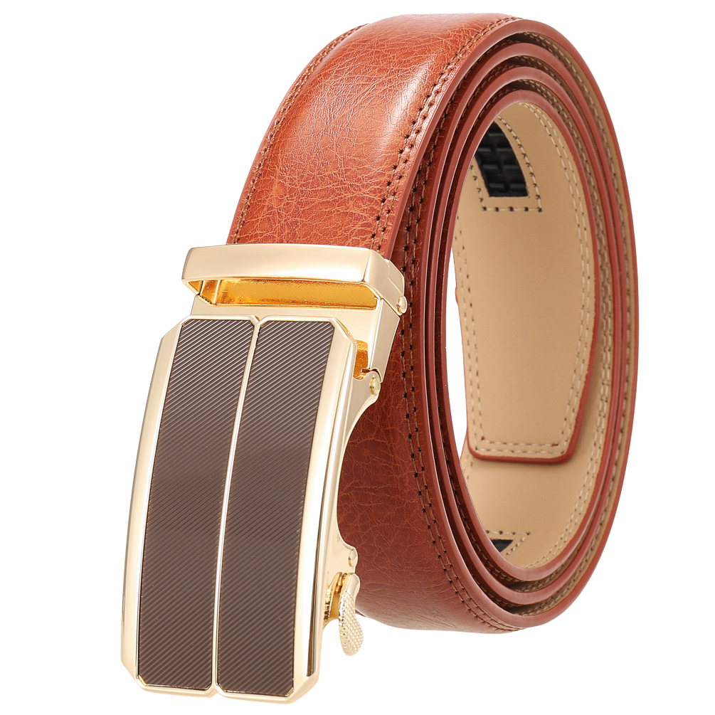 Ceinture homme Éloi 2 en cuir marron cognac avec boucle automatique rectangulaire dorée et détails texturés