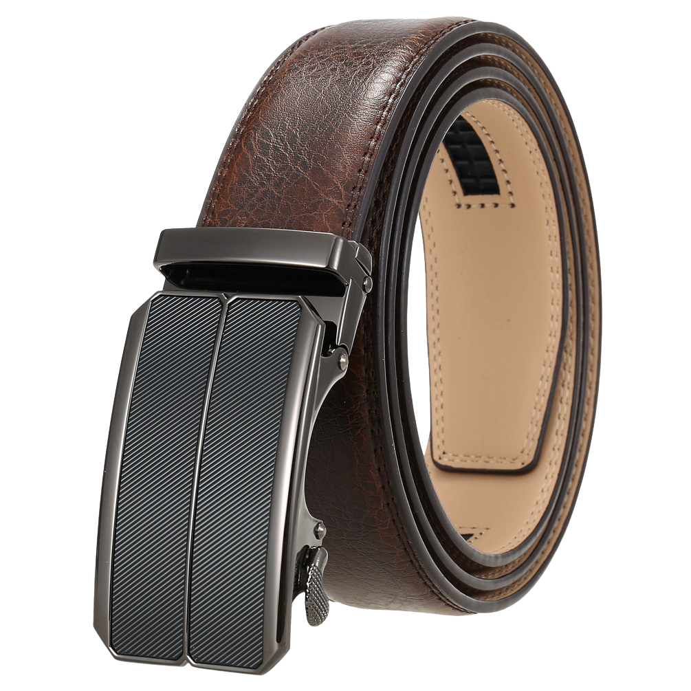 Ceinture pour homme Éloi 2 en cuir marron avec boucle automatique rectangulaire grise et détails striés.